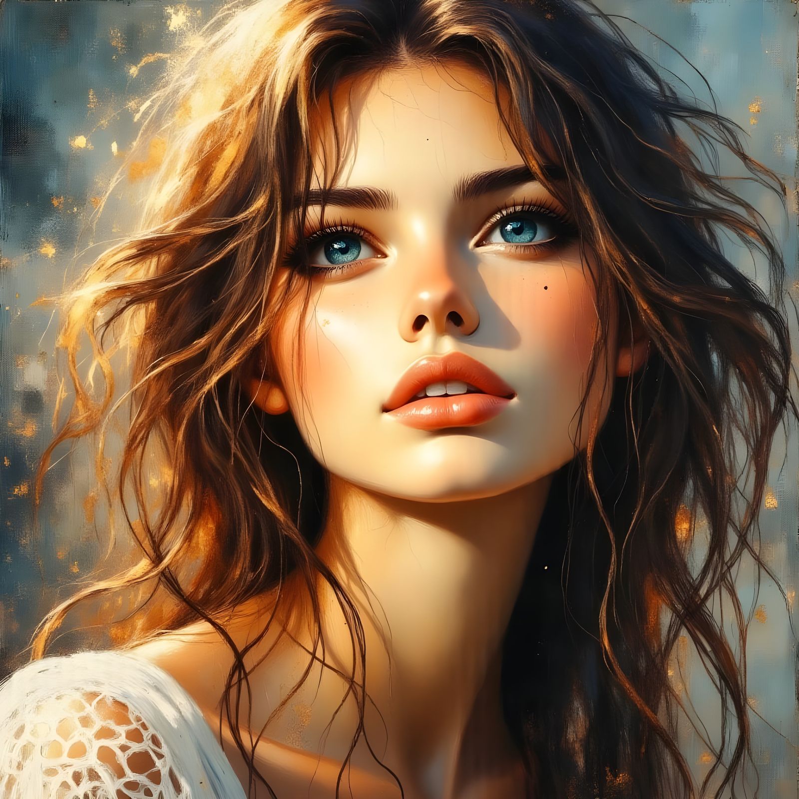 Shy Woman Gazing Upwards in Blue Tones