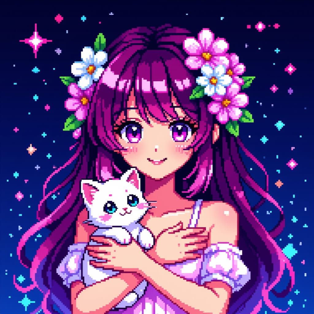 Pixel Art Anime Girl with Kitten, Glitchcore Gaming Style