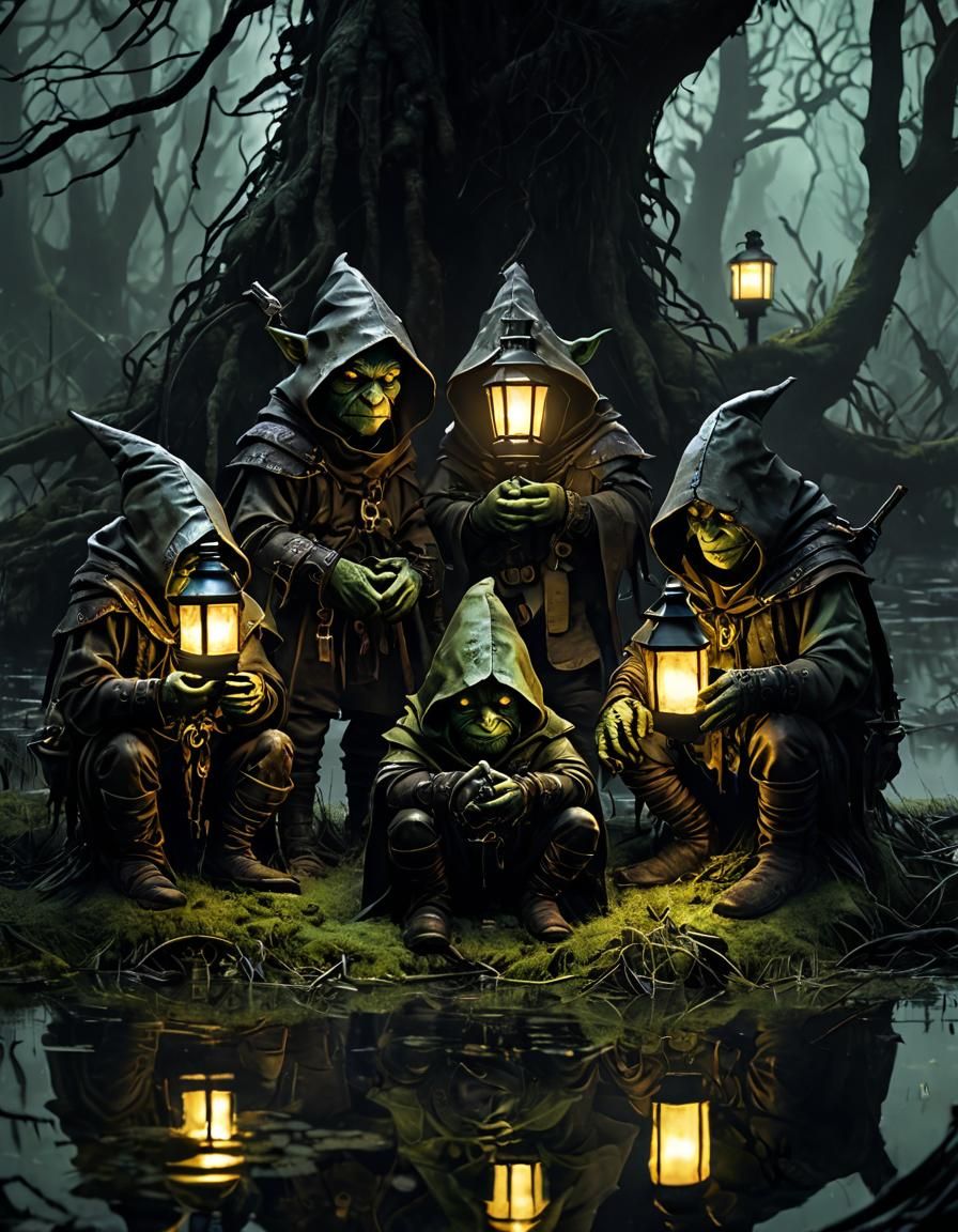 Goblin Scouts in Gloomy Swamp: Dark Fantasy Illustration