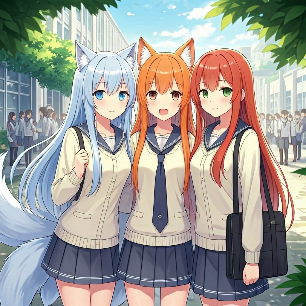 Anime Fox Girl and Friends at School