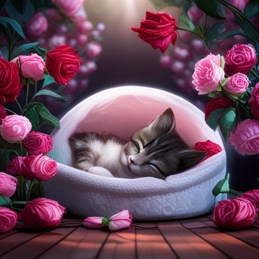 Kitten Sleeping in Roses: Detailed Fantasy Art