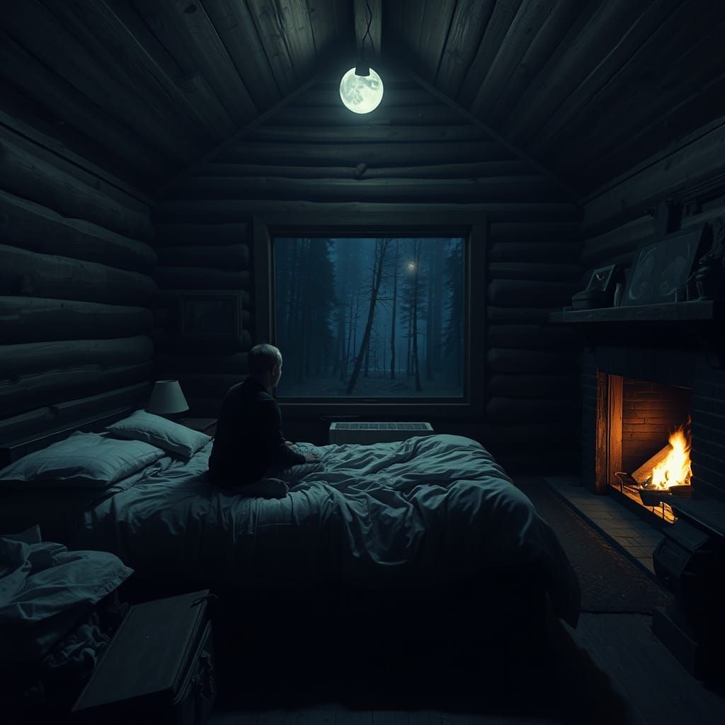 Eerie Cabin Interior in Cinematic Style