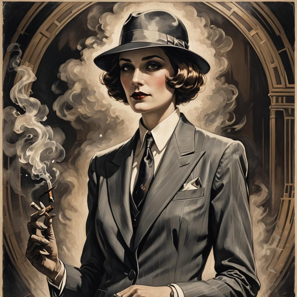 Art Deco Ghostly Woman in Suit with Cigar