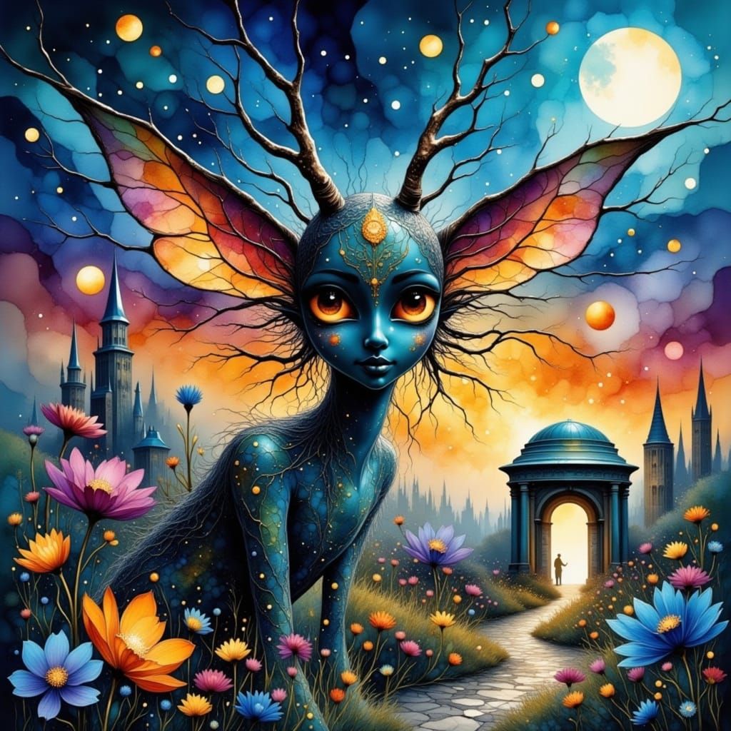 Enchanted Garden with Silvery Mist in Watercolor Style