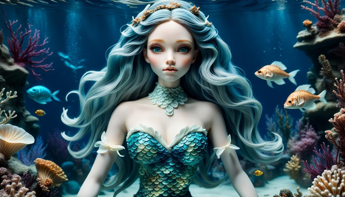 Hyper Realistic Porcelain Mermaid Doll in Underwater Realm