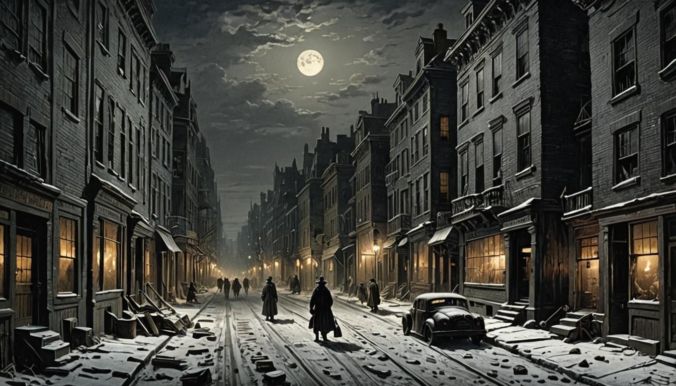 Eerie Boston Street at Night, Horror Illustration