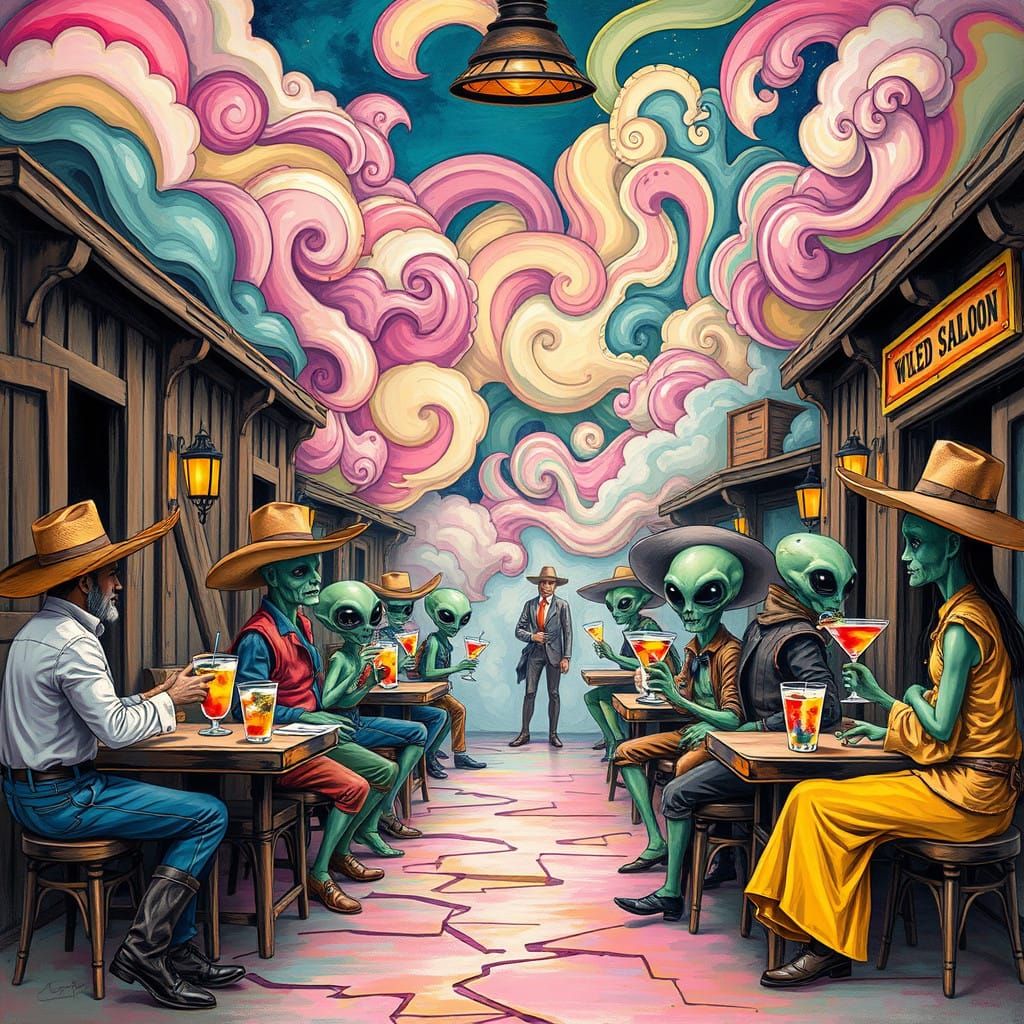 Whimsical Wild West Saloon Scene with Friendly Aliens