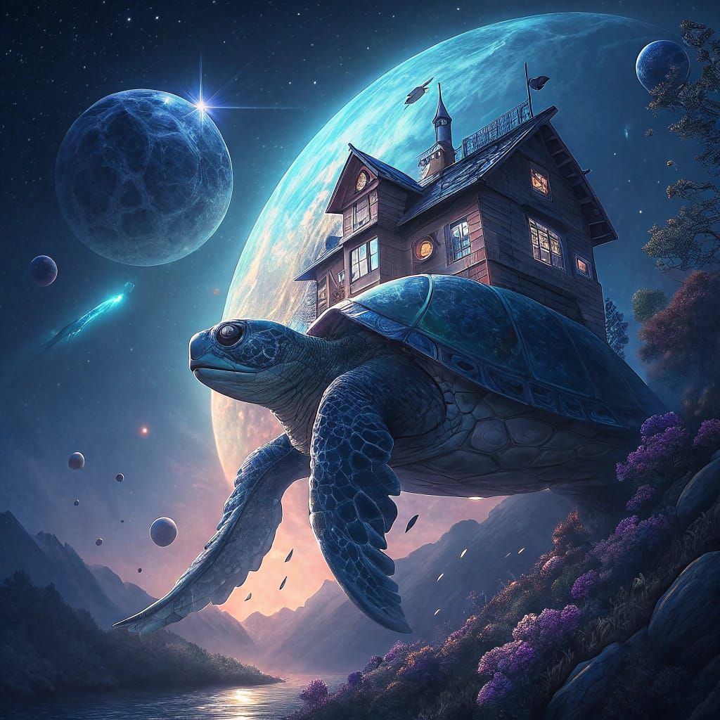 Gigantic Blue Turtle Soars Through Space with Rustic House