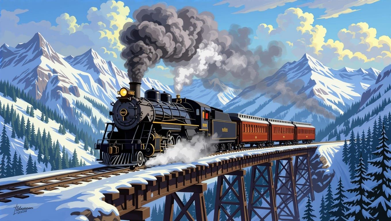 Classic Steam Train Crosses Majestic Mountain Pass