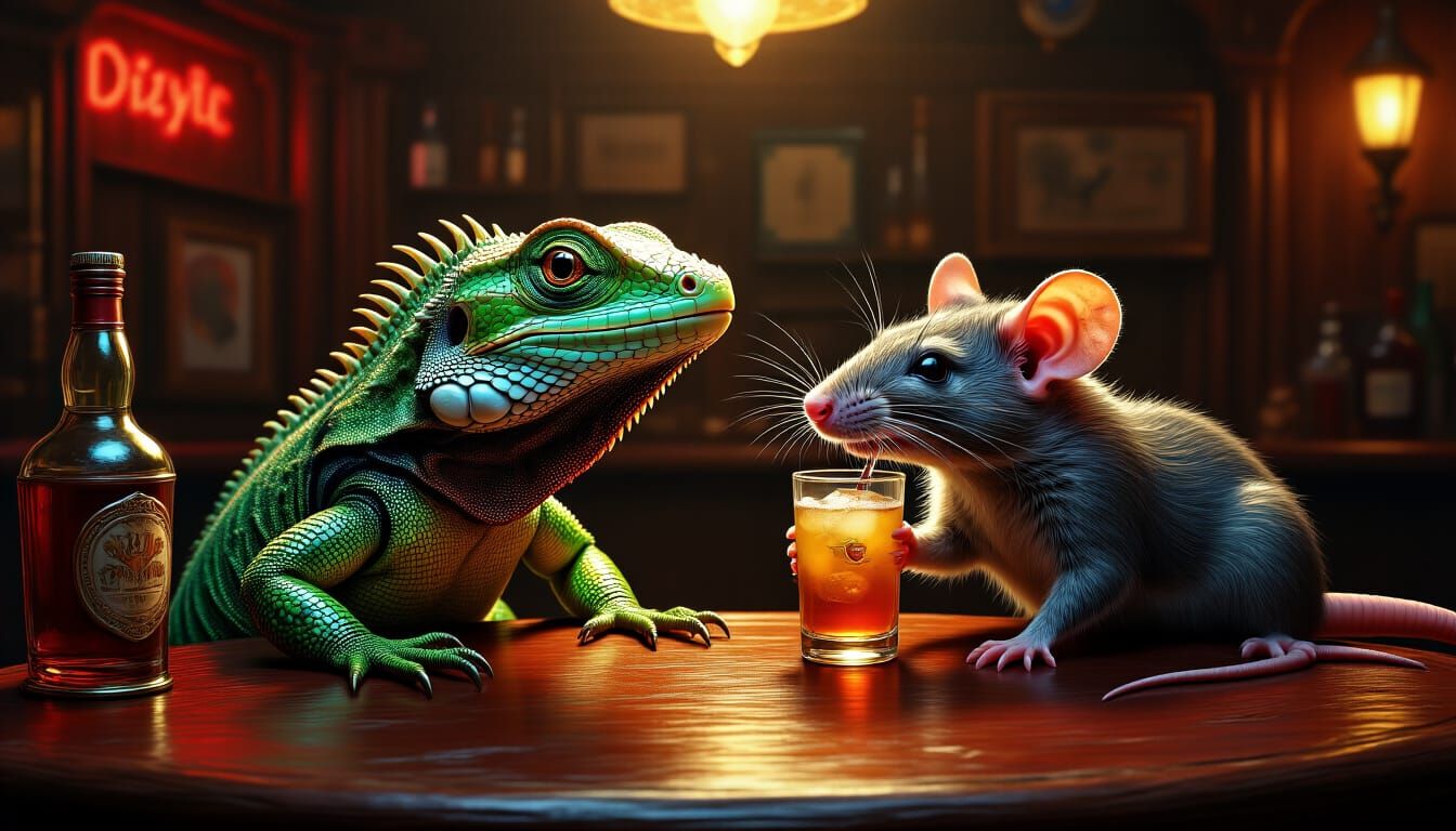 Lizard and Rat Party in a Surreal Saloon