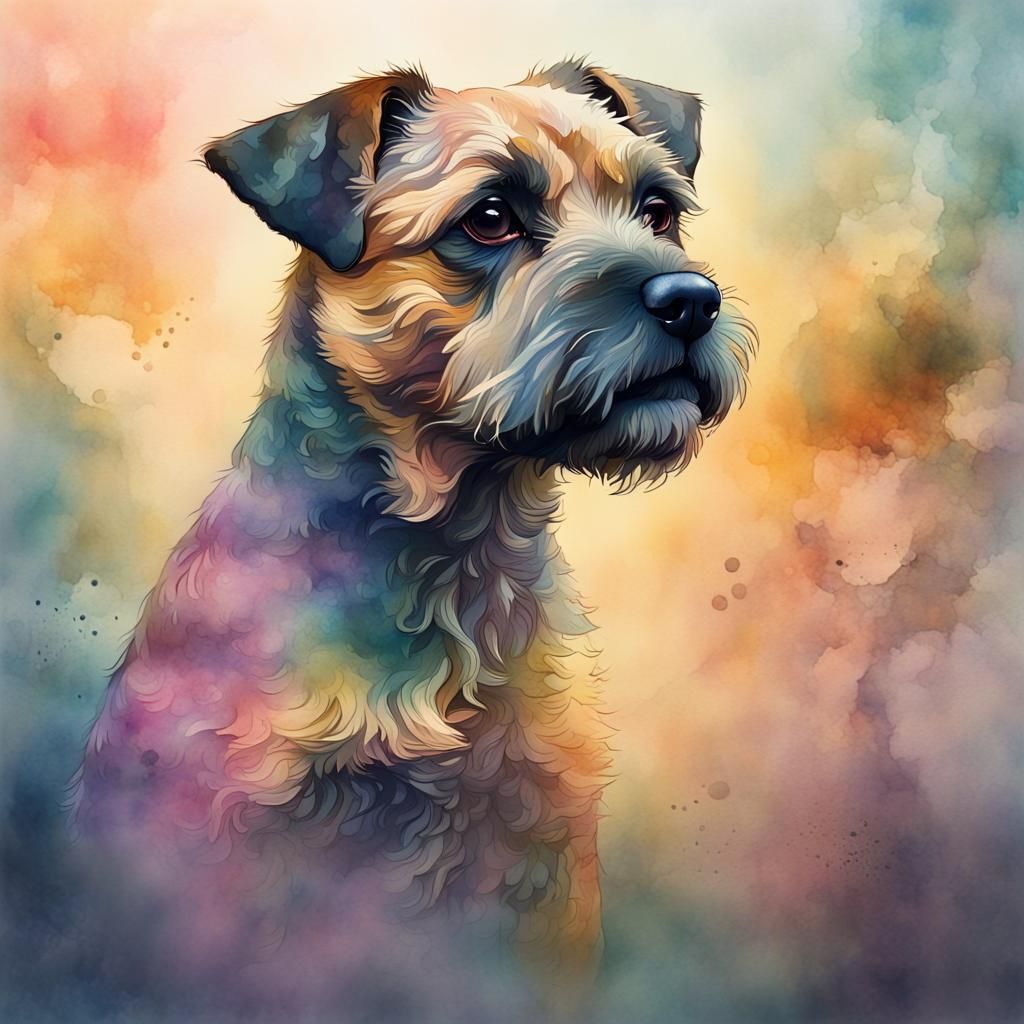 Border Terrier Dog in Double Exposure Watercolor Style