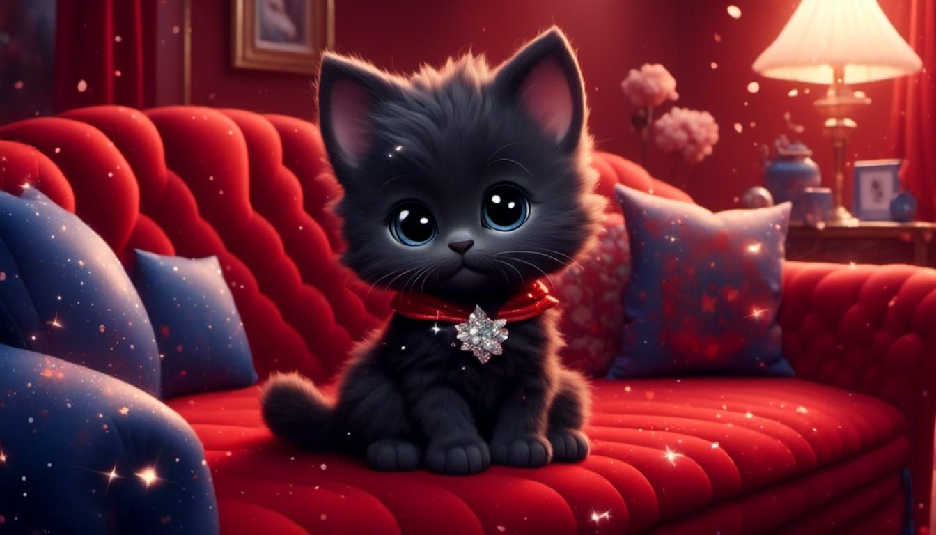 <lora:Glitter and Diamonds:1.0> <lora:SuperHyperrealism:1.0> (soft black chibi kitten) blue on a red couch