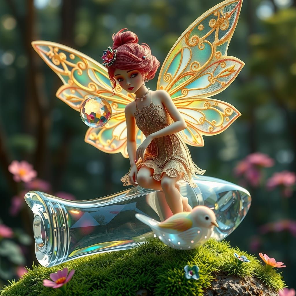 Intricate Glass Fairy in Lush Forest, 3D Anime Art