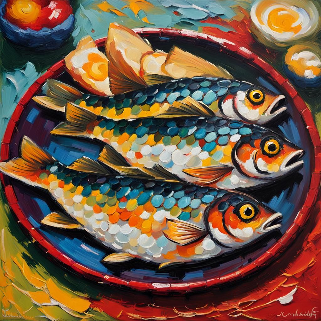 Fish on Red Plate in Impasto Oil Painting