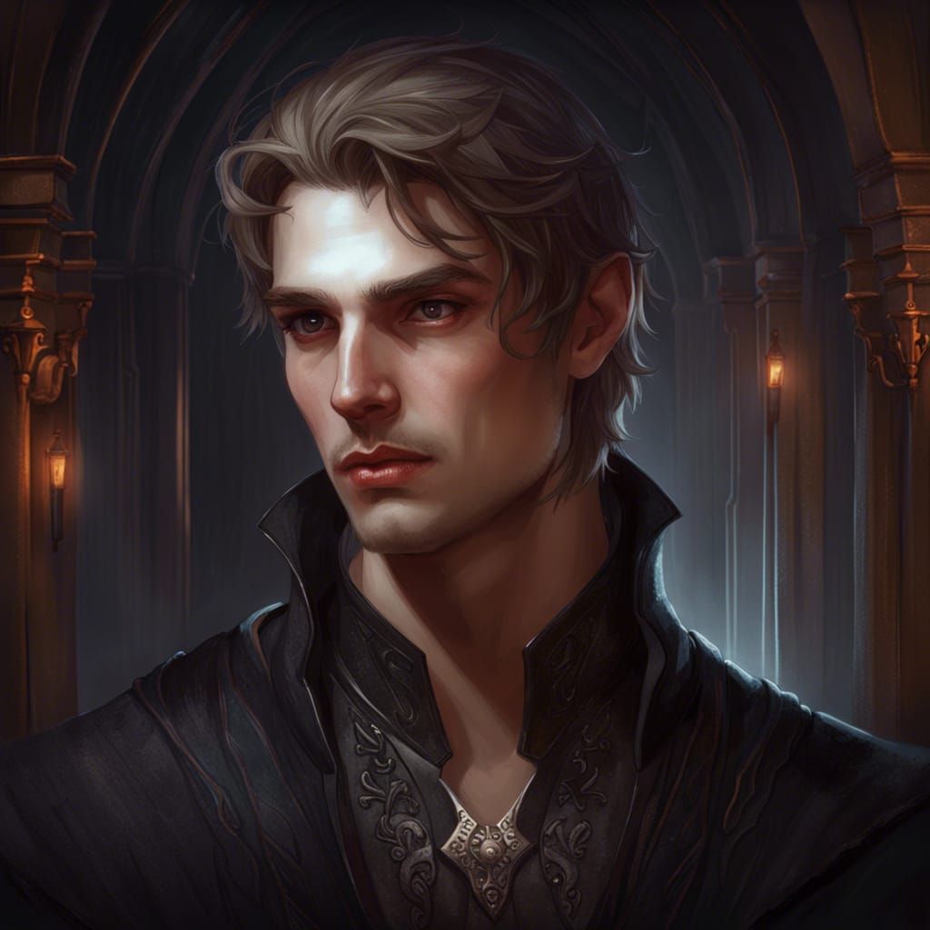 Handsome Vampire in Medieval Castle, Dark Fantasy Portrait