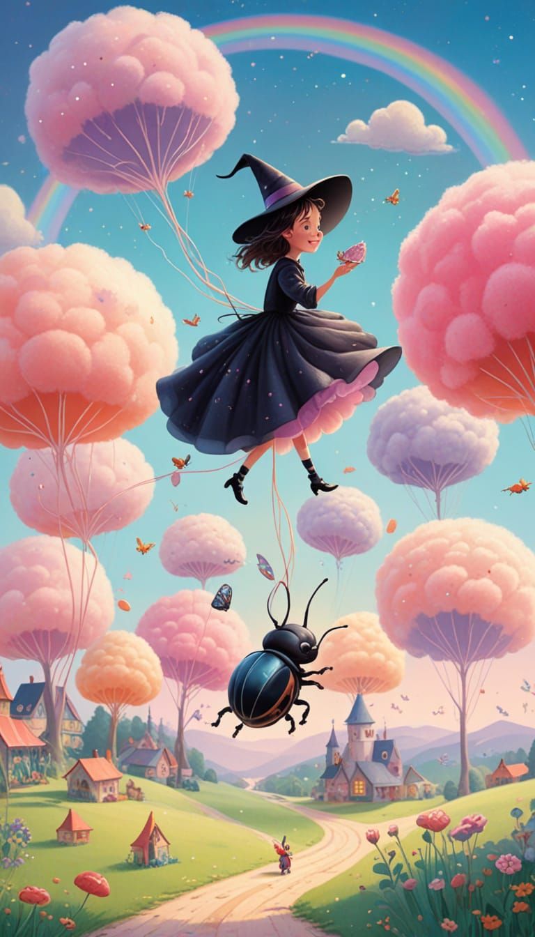 Whimsical Witch Rides Giant Beetle Through Candy Sky