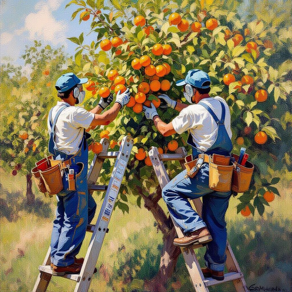 Robots Pick Oranges in Impressionist Garden