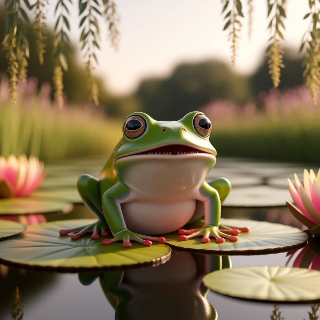 Startled Green Frog on Lily Pad in Golden Sunlight
