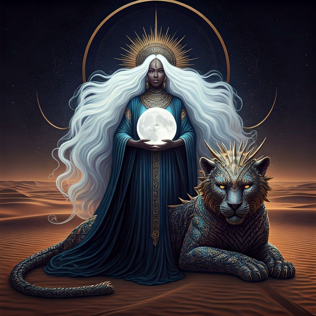 Desert Moon Goddess with Panther in Cosmic Astral Art