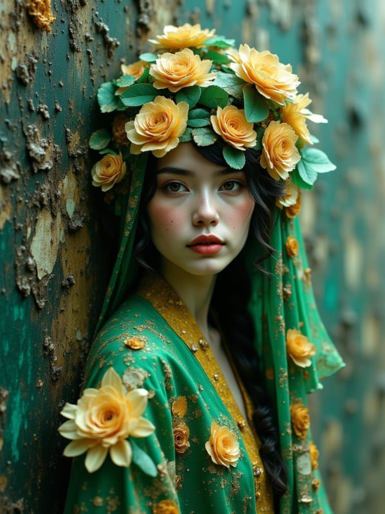 Vibrant Marionette in a Dreamlike Green Landscape