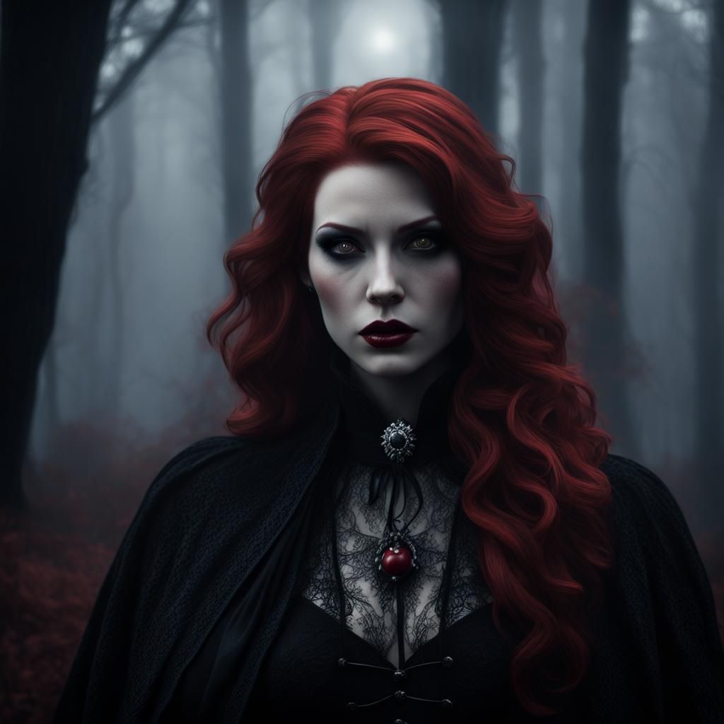 Gothic Redhead Vampire in Ominous Dark Forest