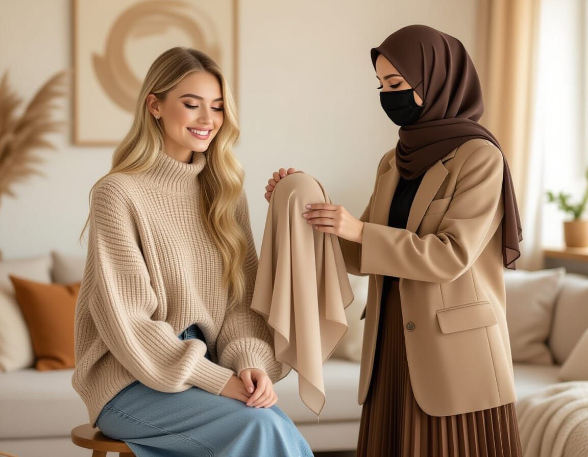 Woman in Beige Pullover and Denim Skirt