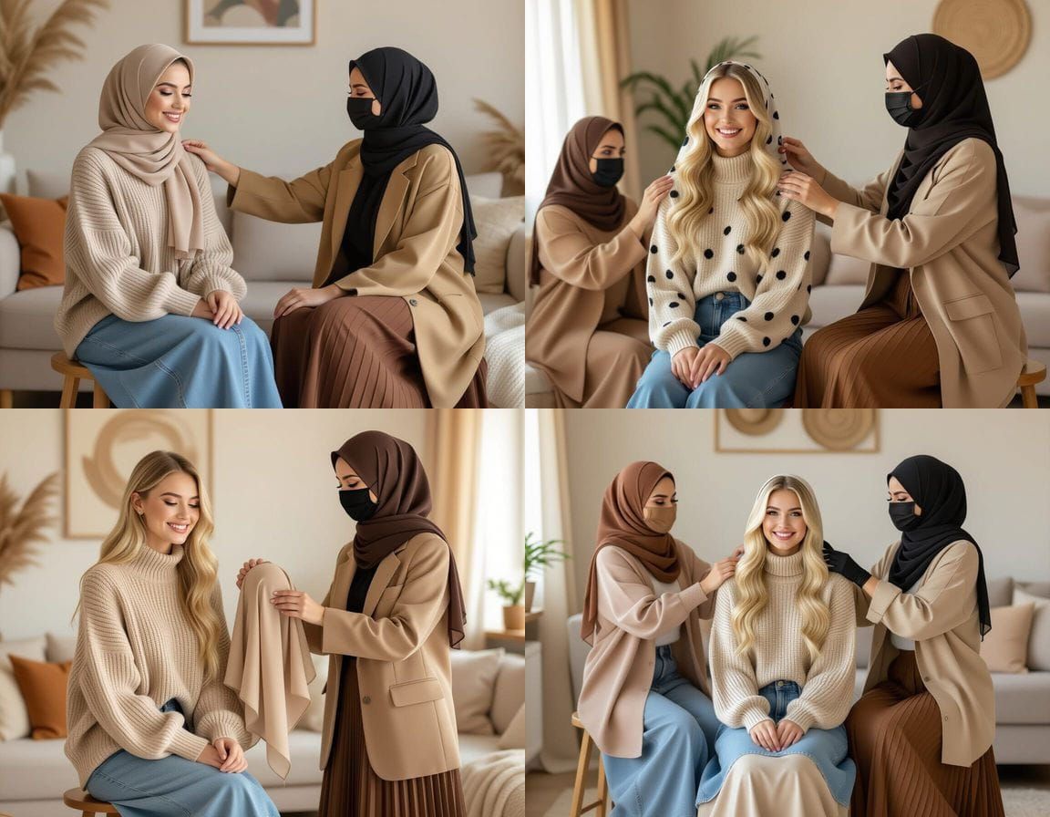 Woman in Hijab and Denim Skirt in Cozy Living Room