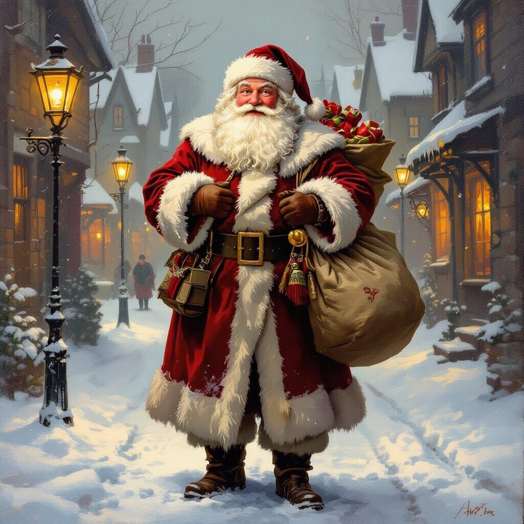 Santa Claus in 1800s Village Oil Painting