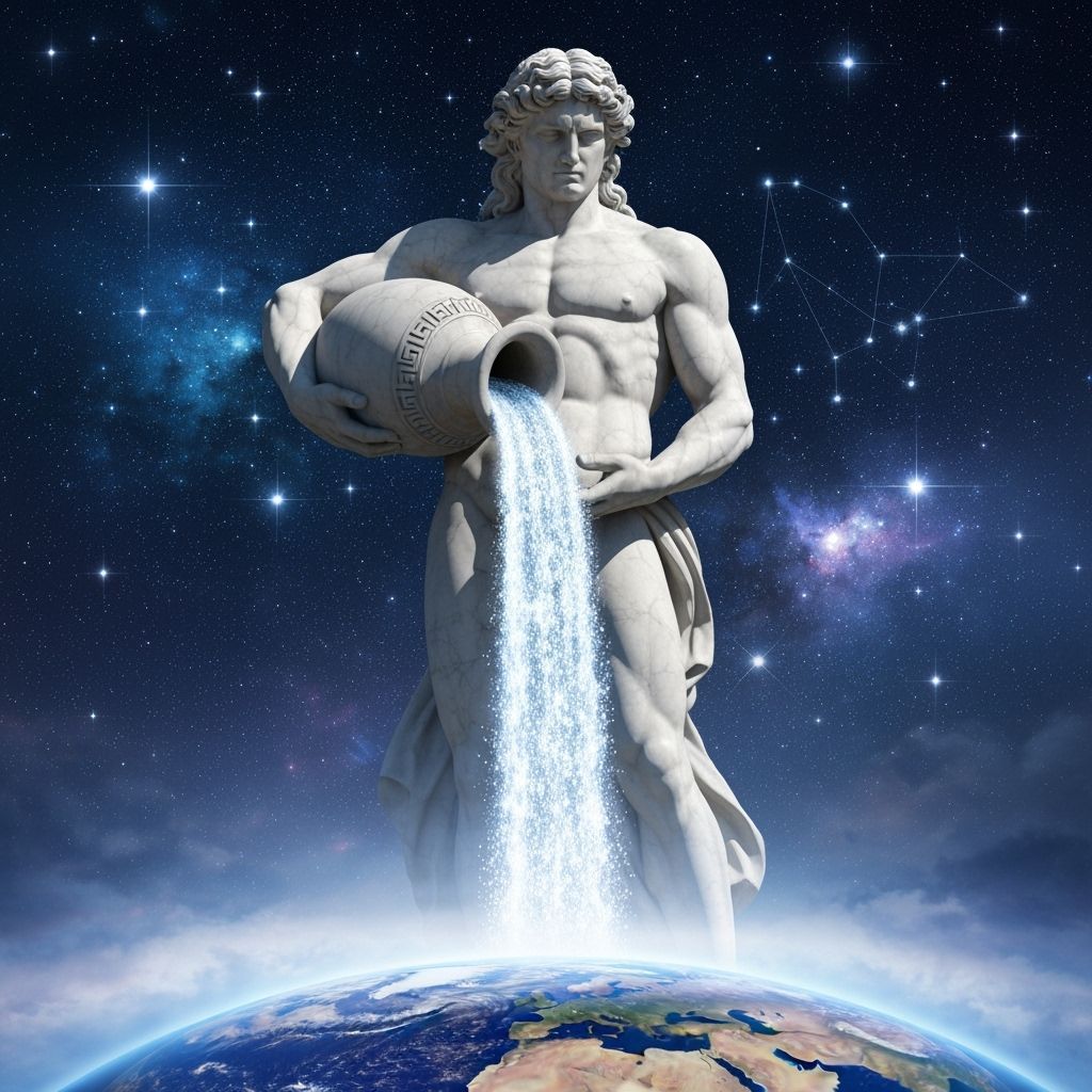 Giant Greek Aquarius Statue Pours Water on Earth