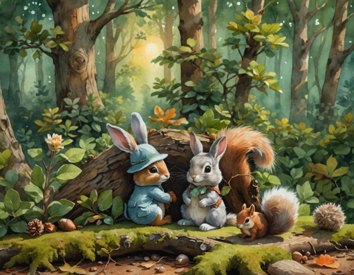 Whimsical Watercolor of Bunny and Squirrel