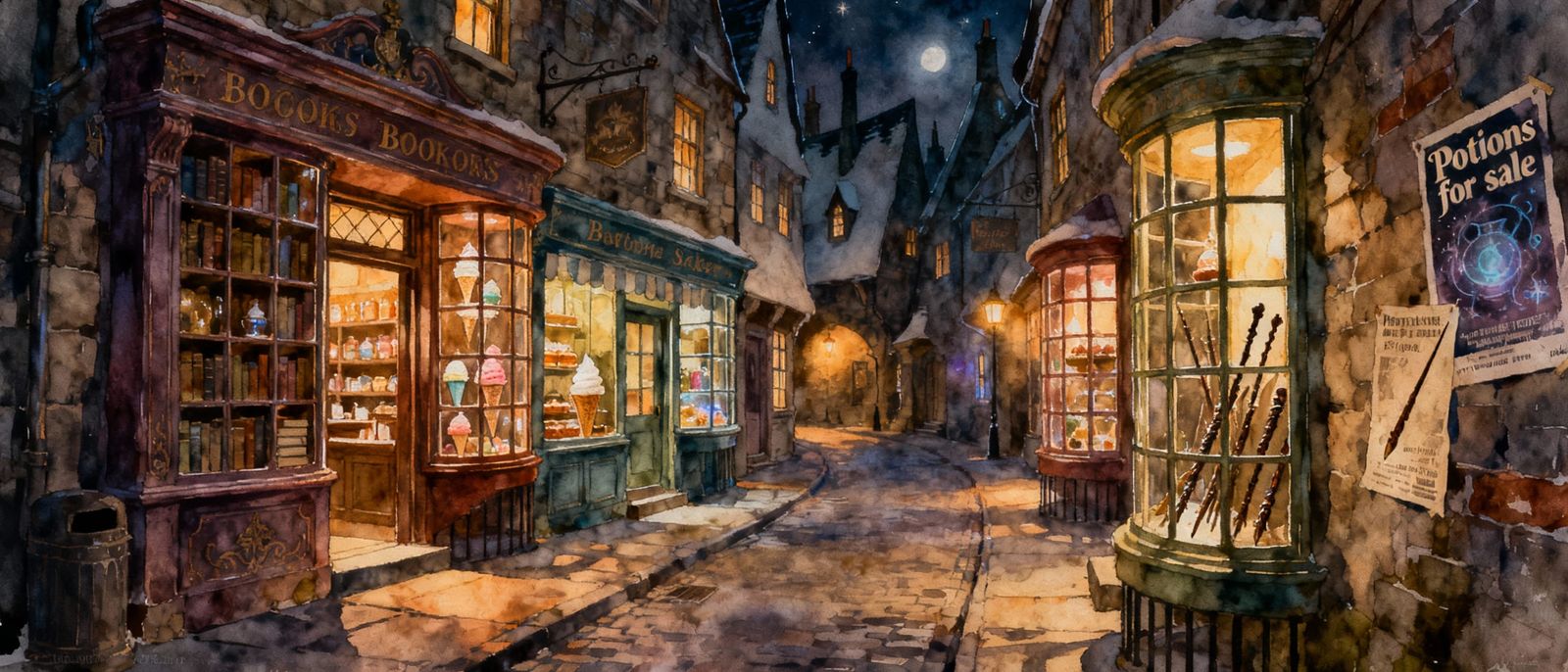 Magical Alleyway Shops with Mystical Warm Lighting