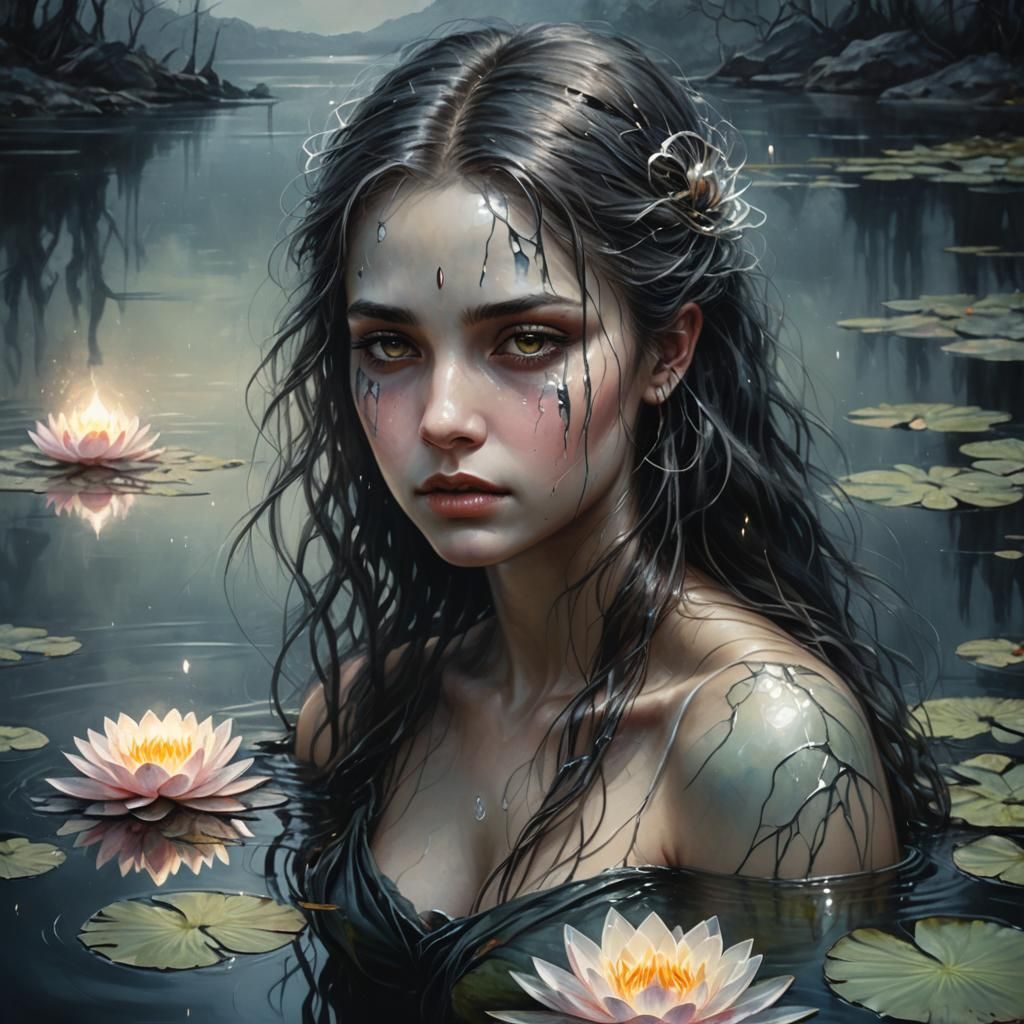 Melancholic Glowing Heart Portrait in Dark Fantasy Style