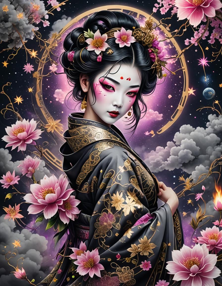 Cyberpunk Geisha Tattoo with Neon Lighting