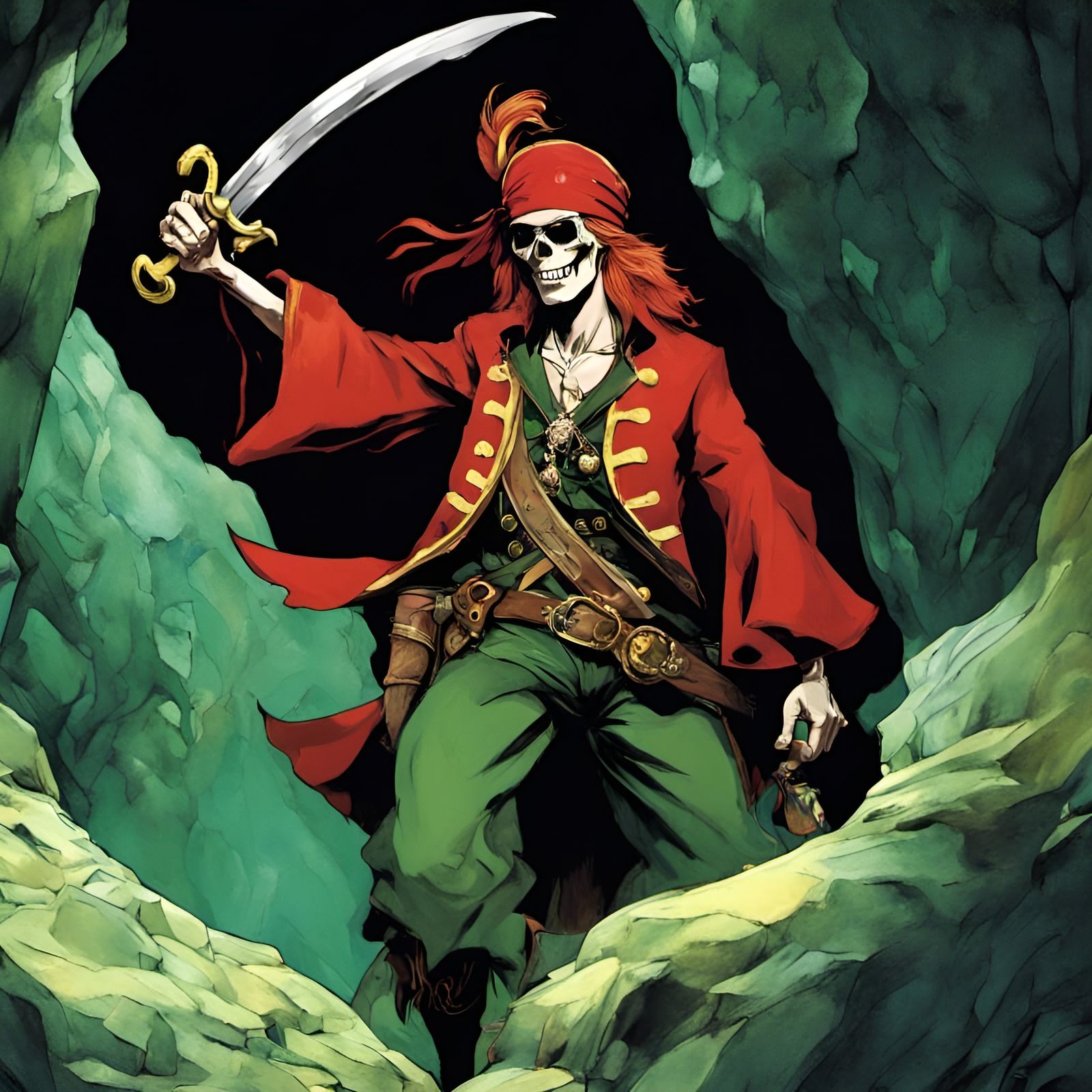 Red-Haired Pirate Waving in Emerald Cave