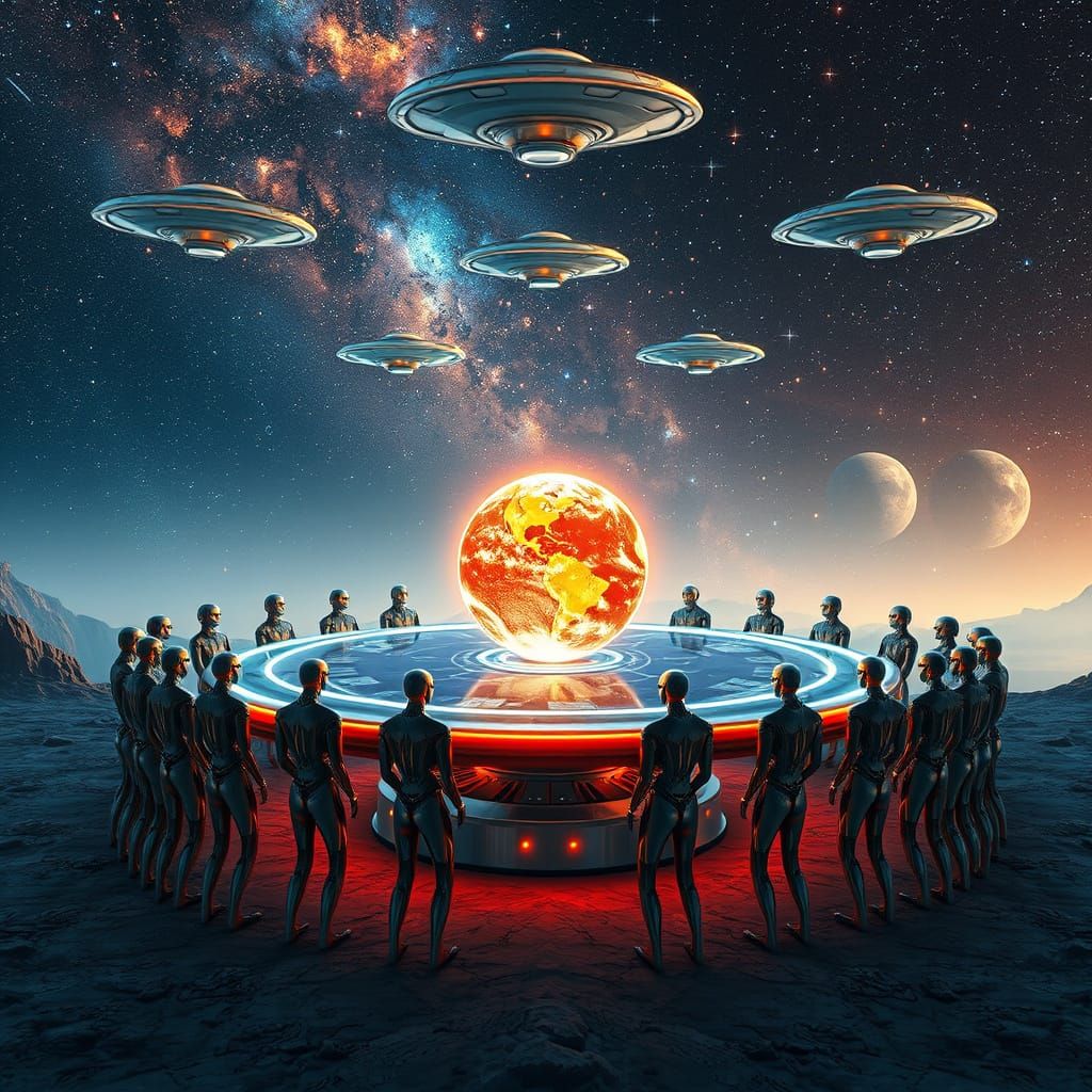 Futuristic Knights Gather Around Cosmic Table