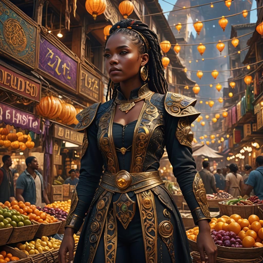 Futuristic Black Woman in Opulent Market Scene
