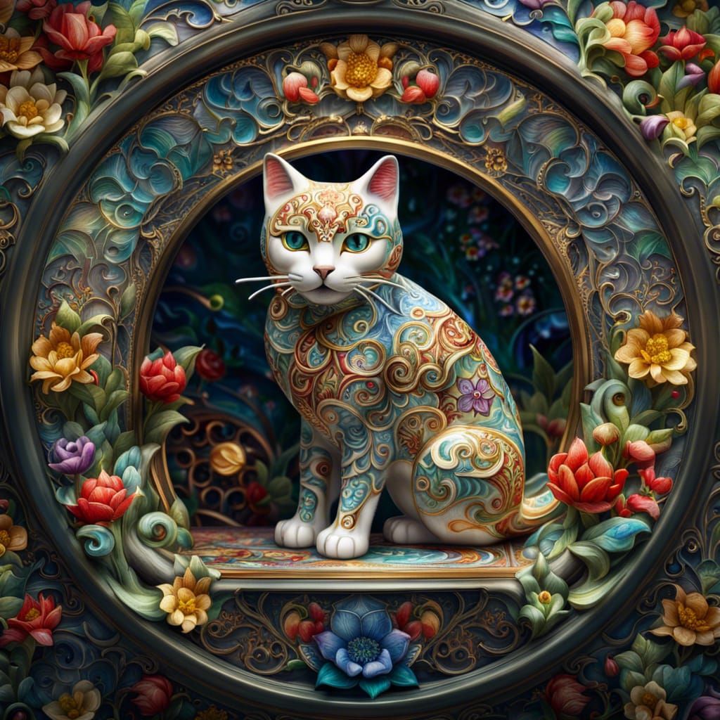 Porcelain Cat with Floral Designs in Garden