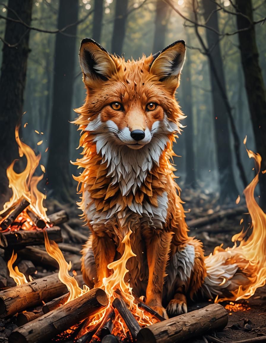 Ethereal Fire Fox Emerging from Campfire