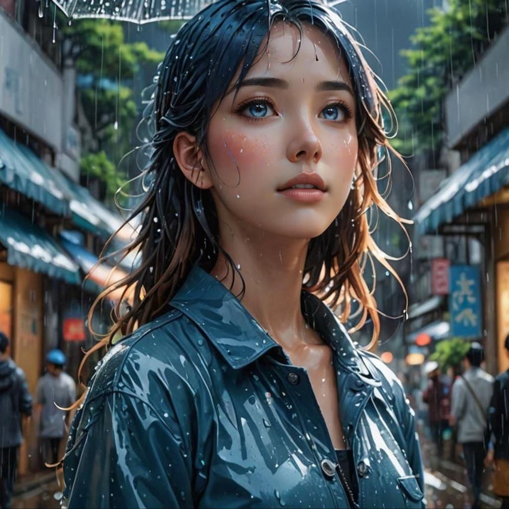 Anime Woman with Raindrop Skin and Translucent Eyes