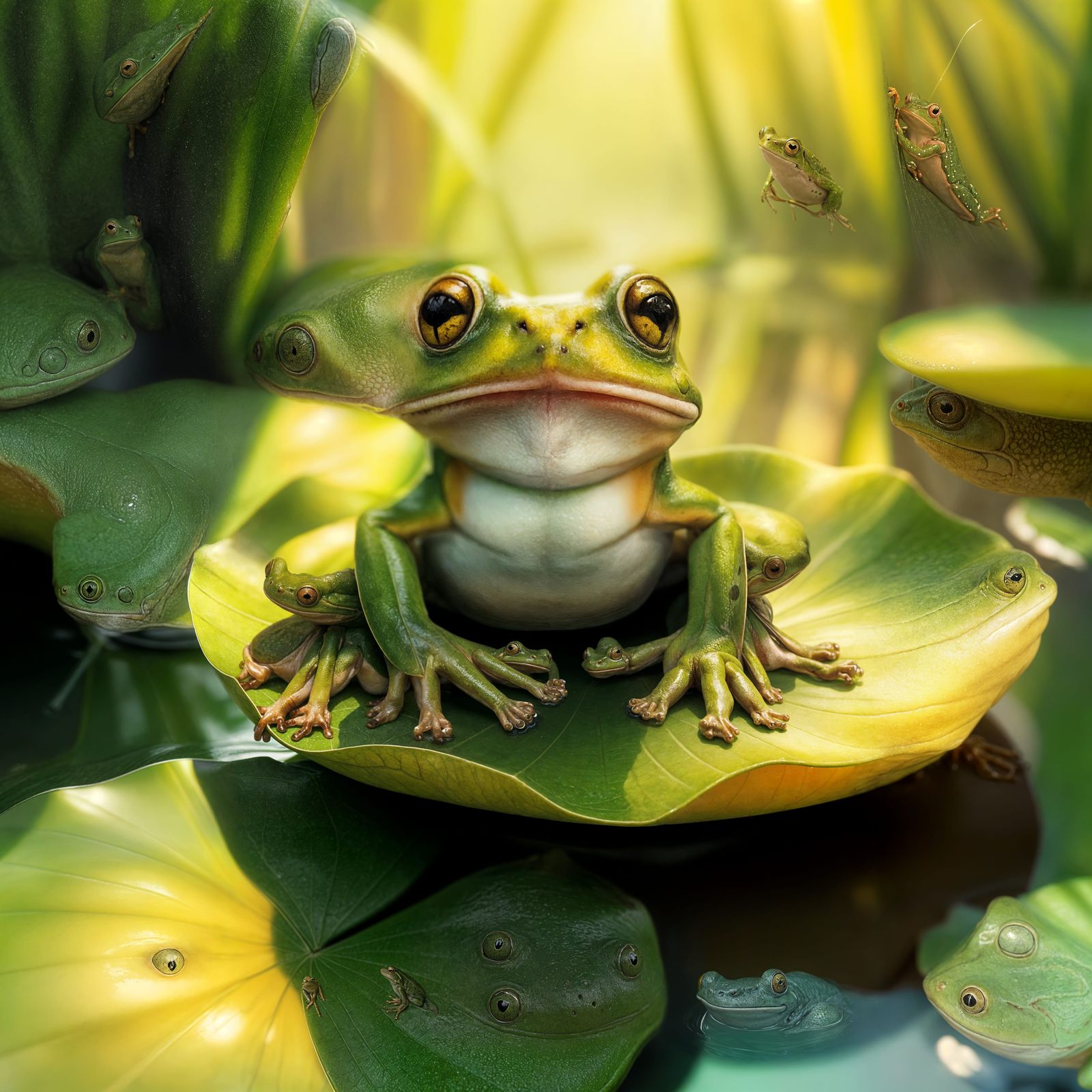 A Green Frog Perched on a Lily Pad