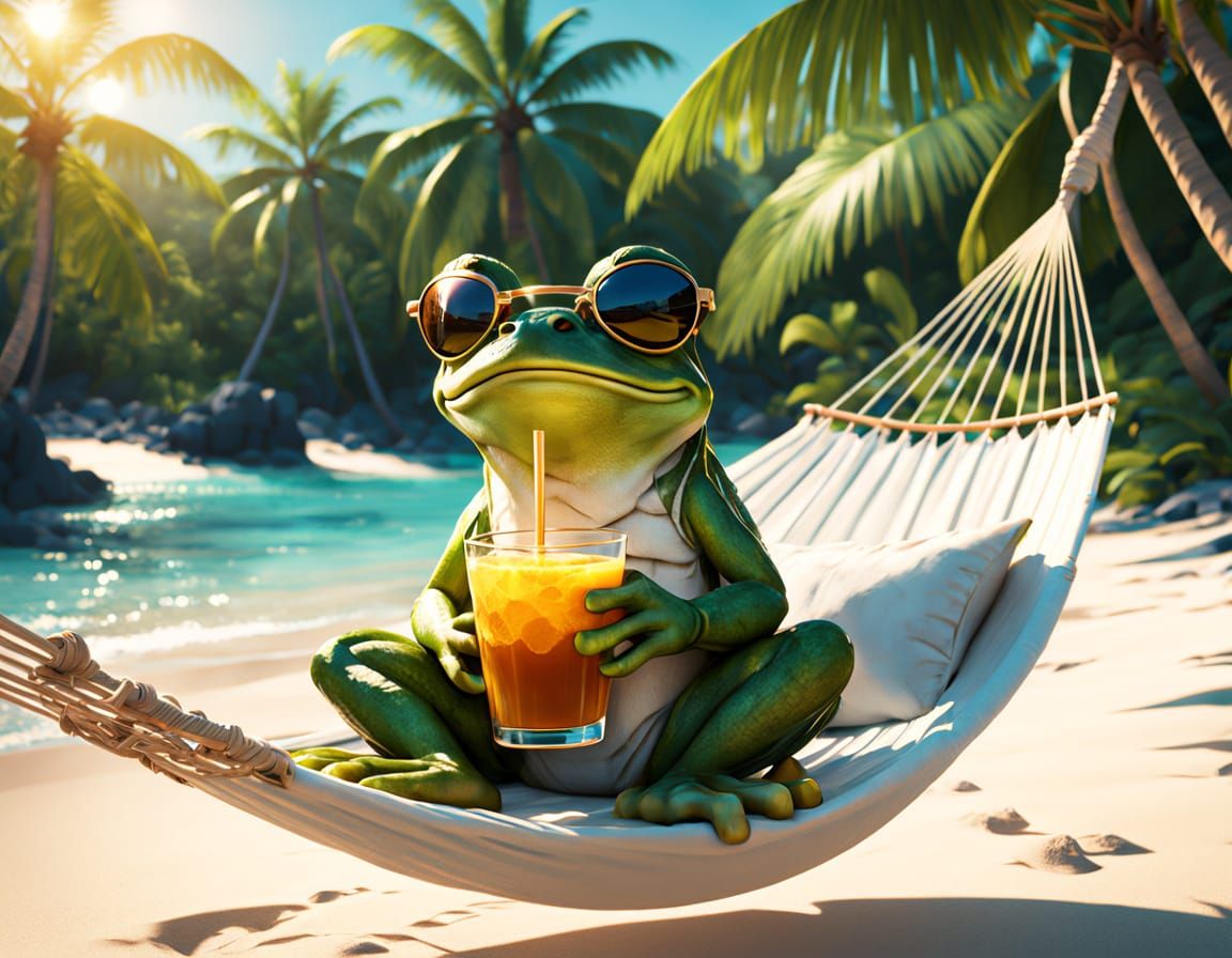 Lime-Green Frog in Tropical Paradise Hammock Scene