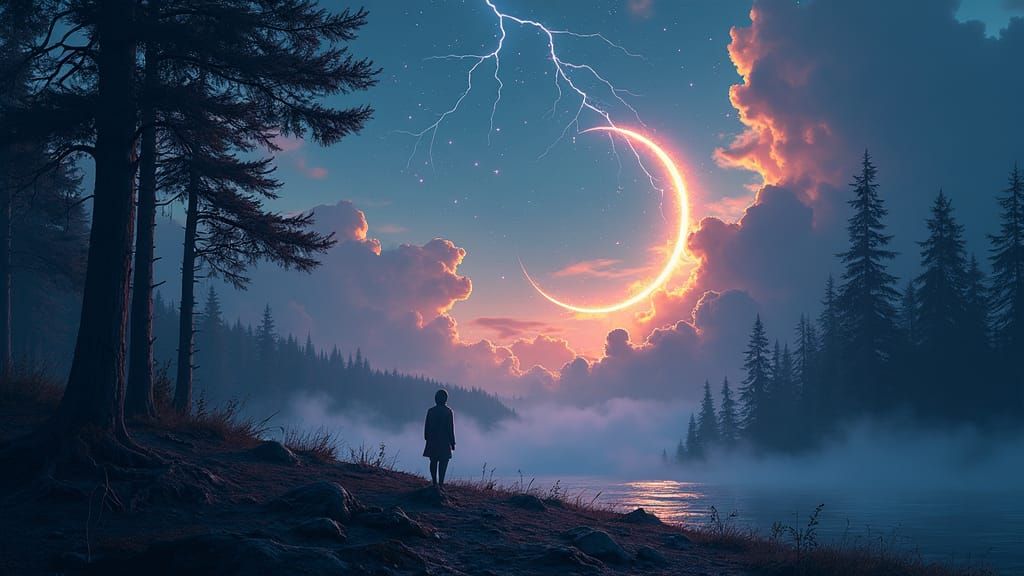 Mystical Forest Under Lightning Sky, Fantasy Concept Art