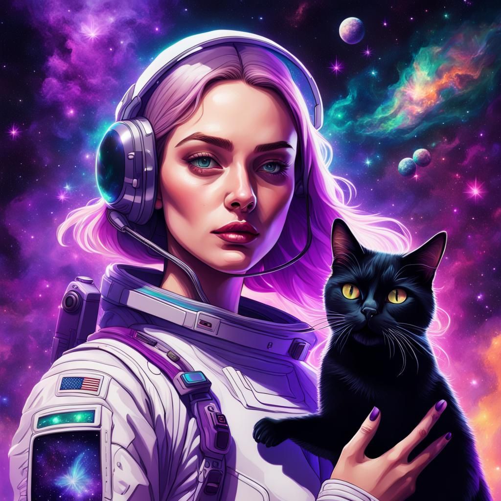Stoner Girl in Space with Cat, Hyperrealistic Art