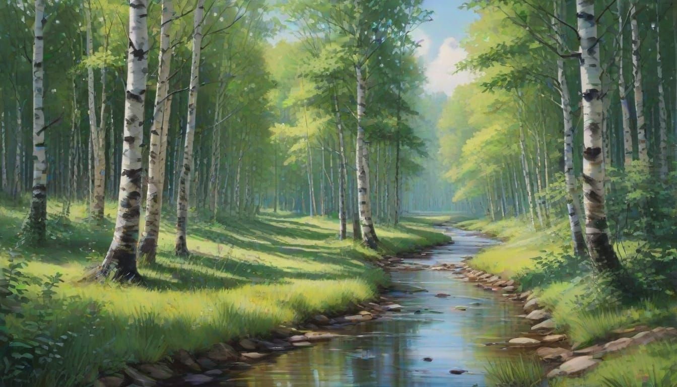 Impressionist Birch Forest Stream in Gouache Watercolor