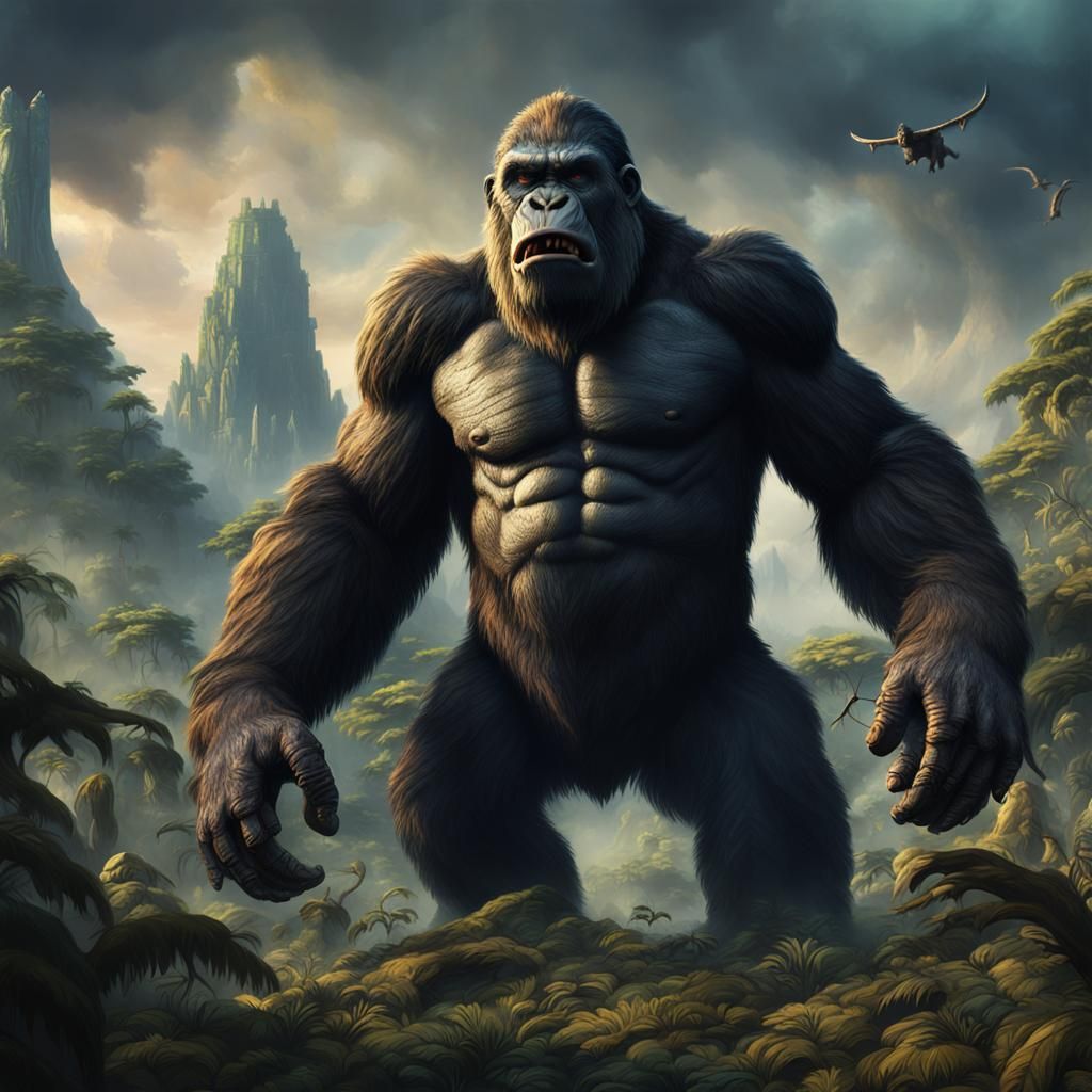 Gigantic Prehistoric Ape King Kong: Detailed Matte Painting
