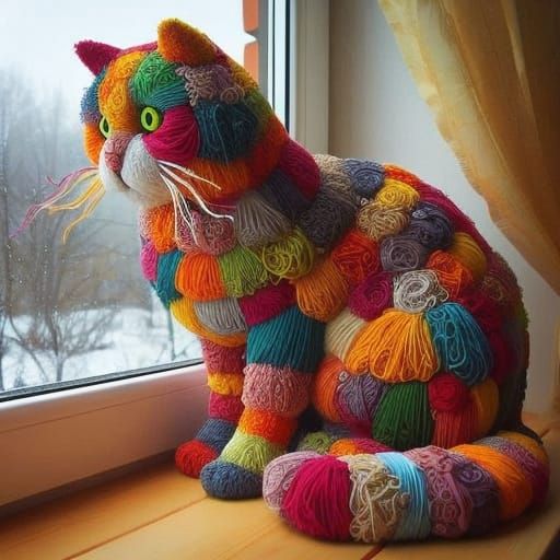 Whimsical House Cat Made of Colorful Yarn in Cel-Shaded Cand...