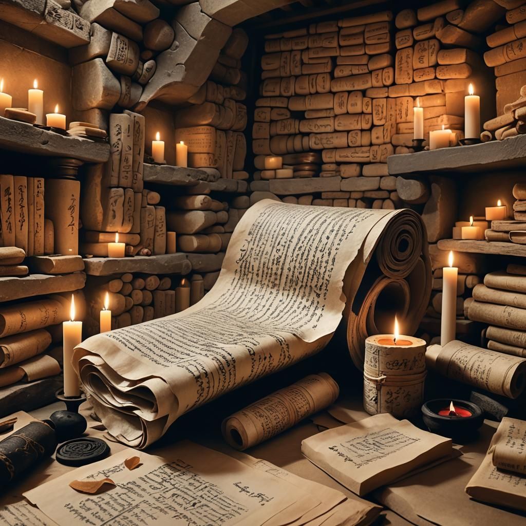 Ancient Library Chamber with Paper Scrolls