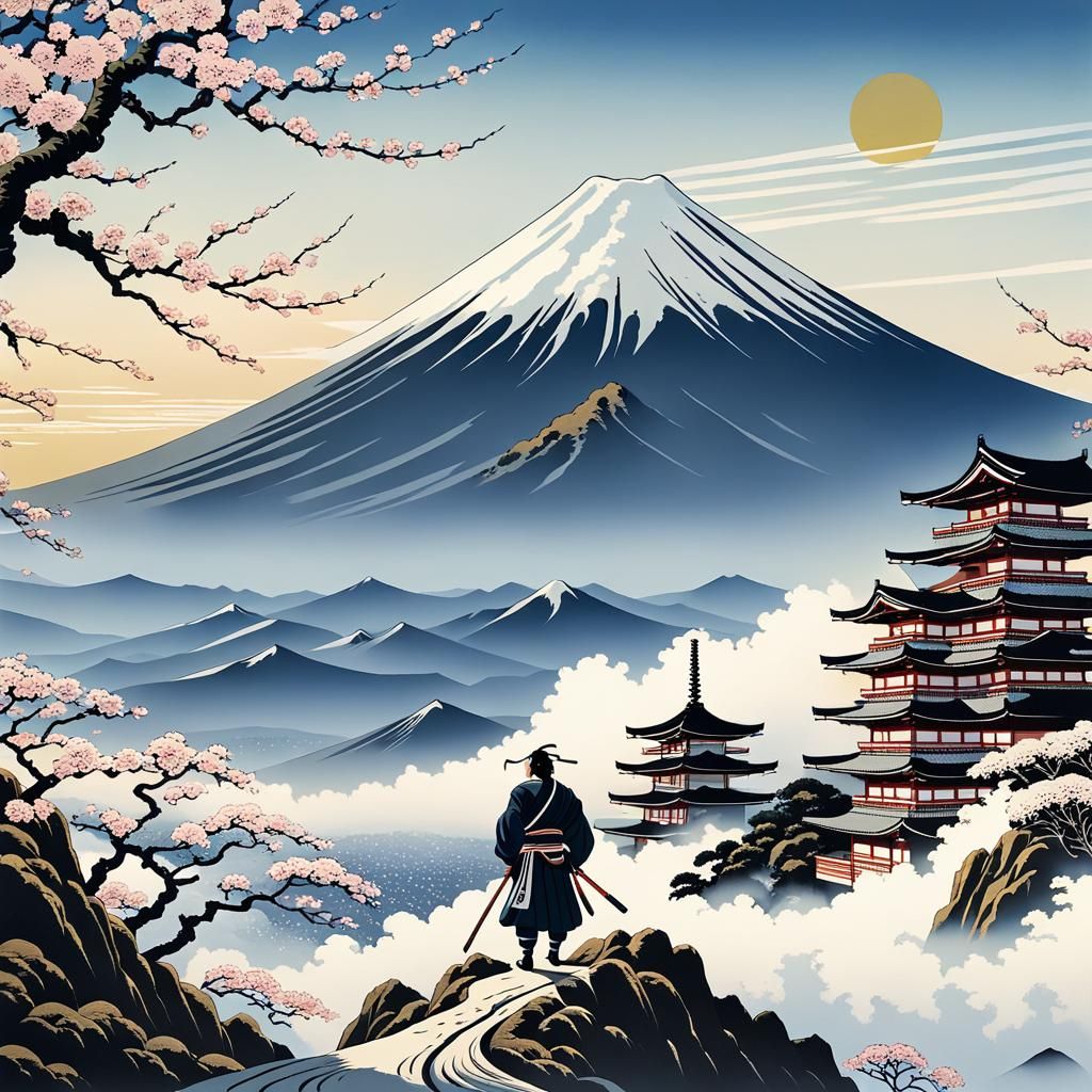 Samurai on Mount Fuji in Ukiyo-e Style
