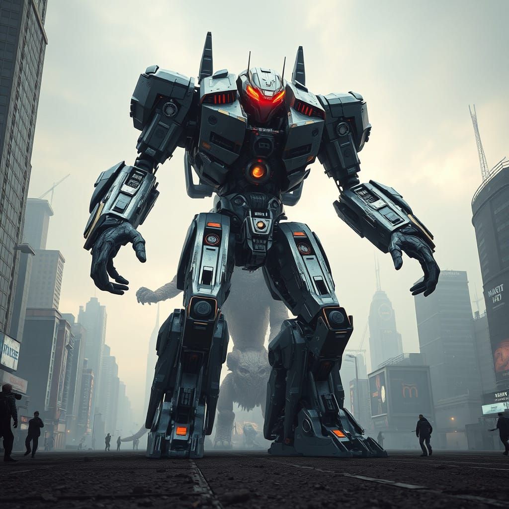 Epic Sci-Fi Mech Battles a Futuristic Monster in Cityscape