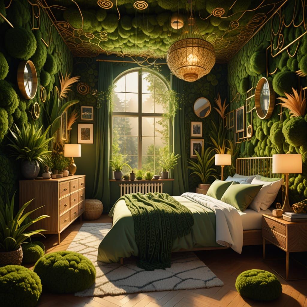 Warm Bedroom with Glowing Moss in Constructivist Style